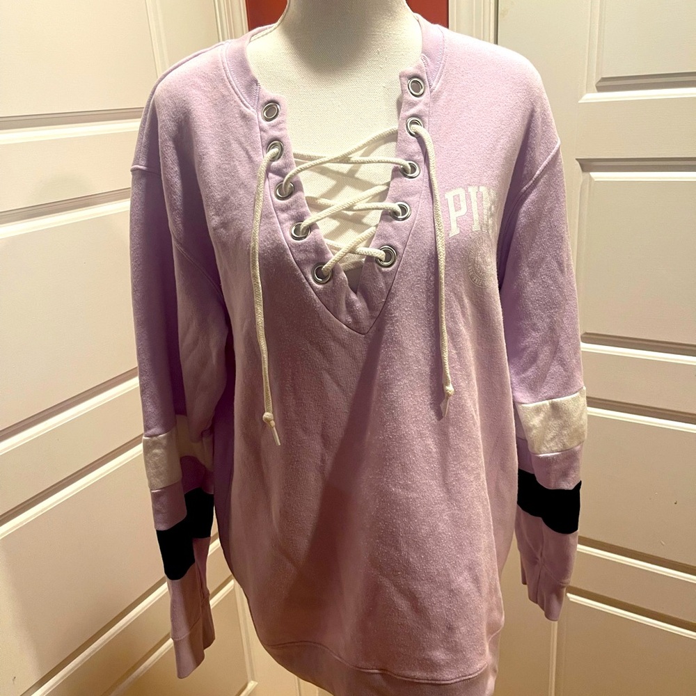 Victoria’s Secret PINK Lace Up Sweatshirt Lilac with Black & White Medium M